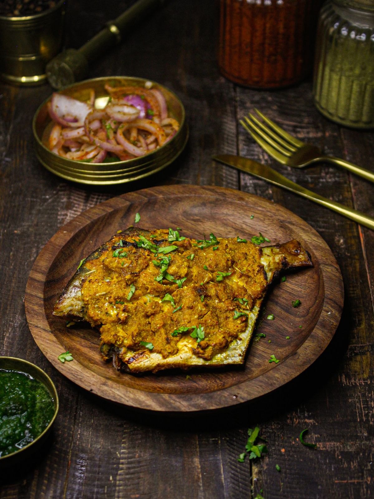 Delicious Kerala Style Air Fried Fish Masala served with Onion salad and chutney 