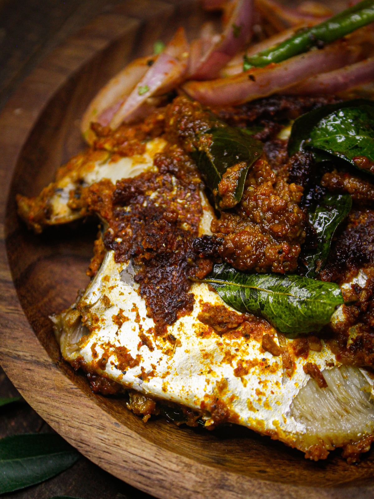 Side Top view image of Pomfret Tawa Fry in Red Paste