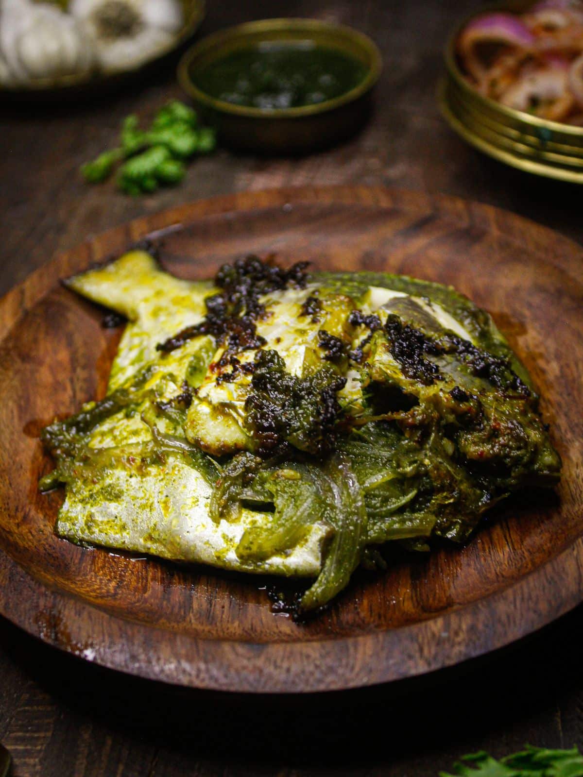Side view of Tawa Pomfret Fry in Green Paste