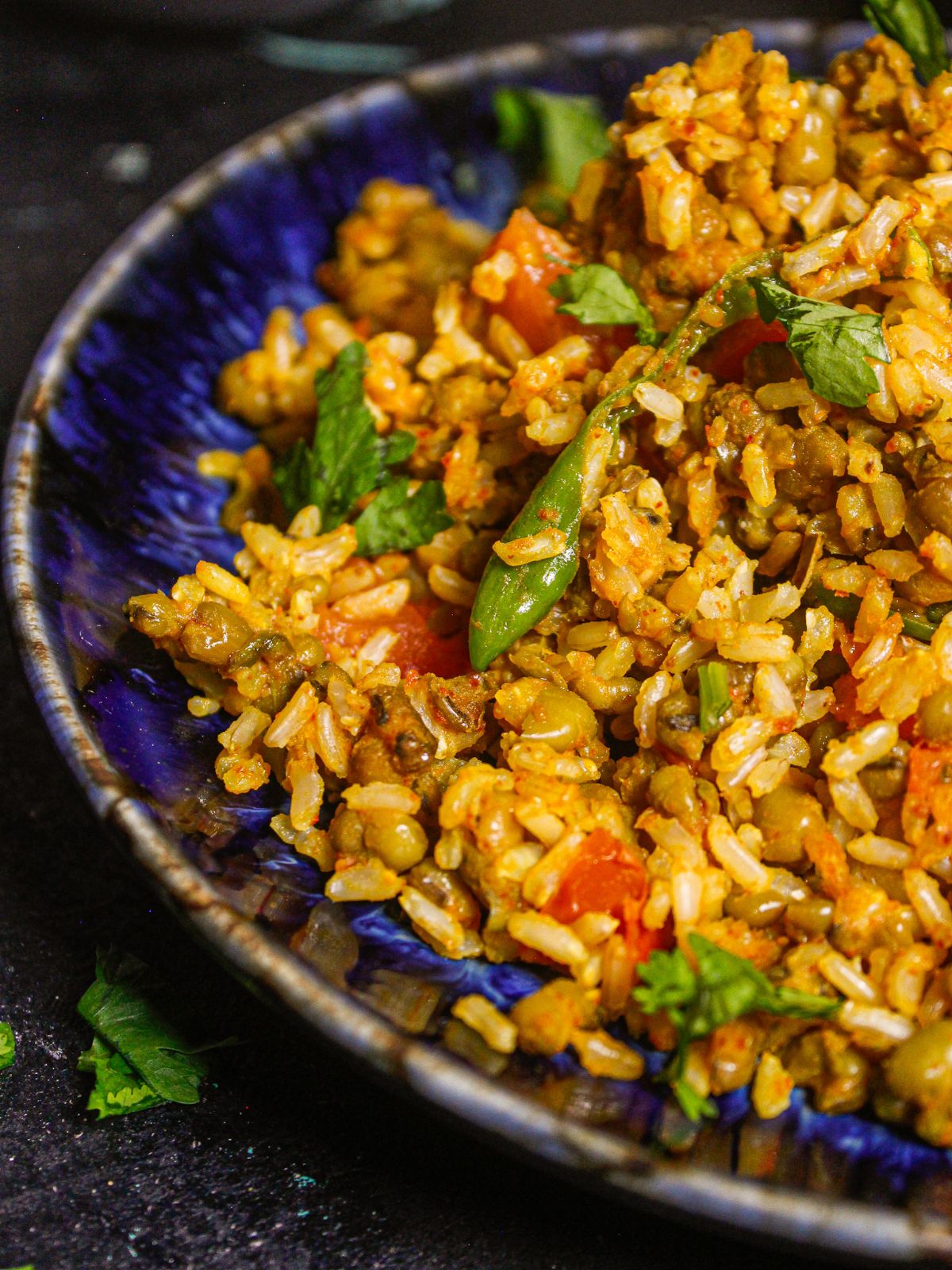 Half plate view of Brown Rice Green Moong Pulao