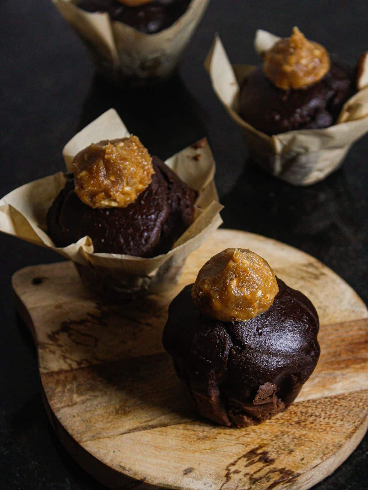 Delicious Chocolatey Cupcakes with Peanut Butter Frosting ready to enjoy 