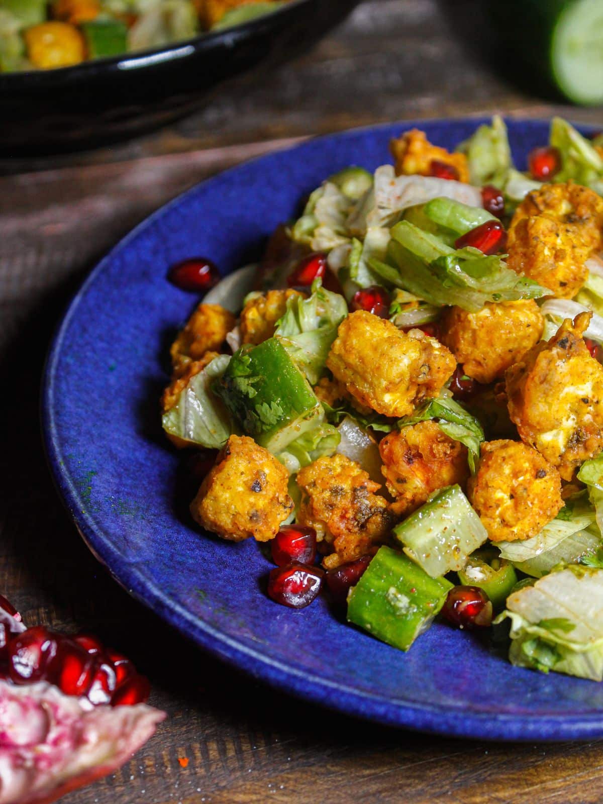 Half plate view of Crispy Baby Corn Salad with Air Fried Baby Corn