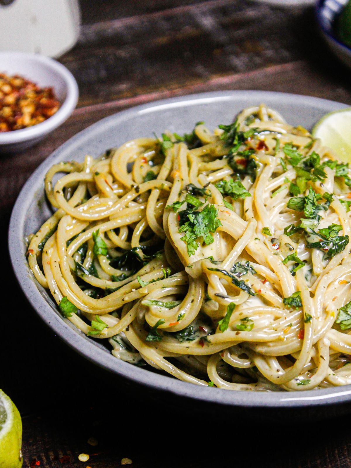 Half view of Lemony Whole Wheat Spaghetti with Garlic and Spinach