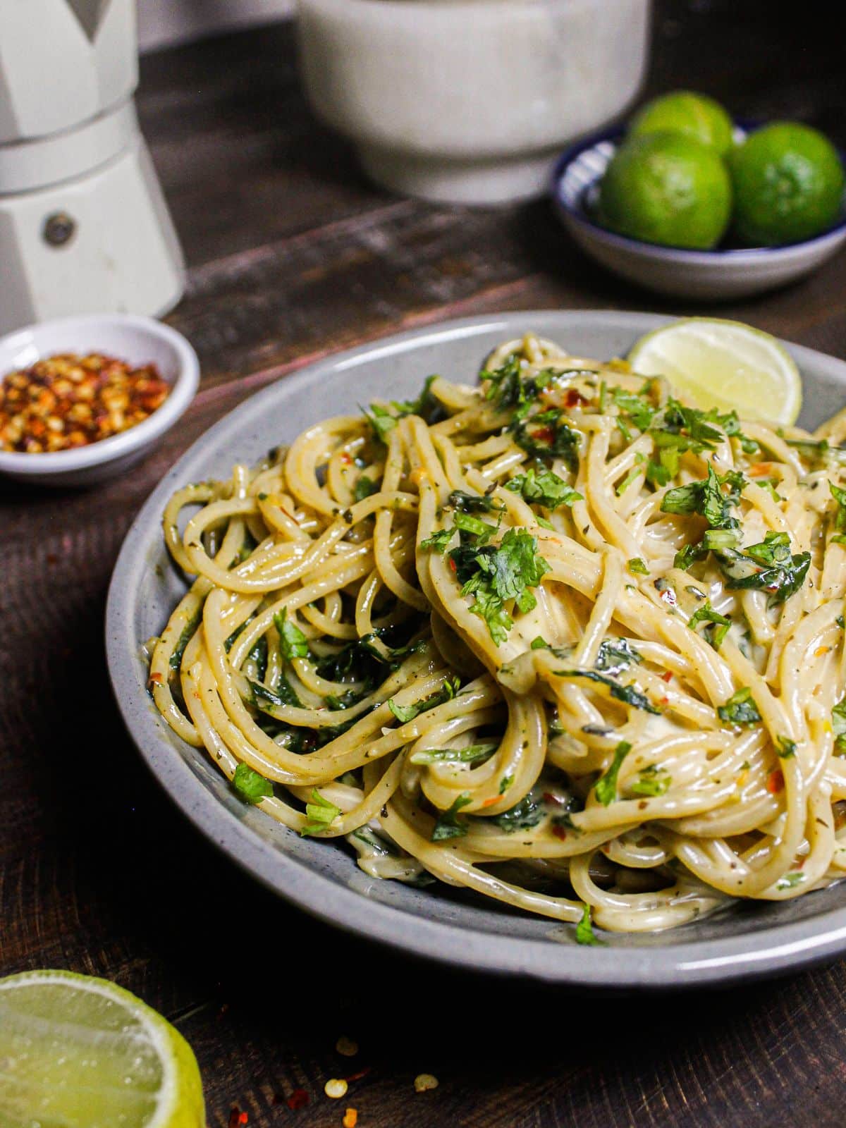 Top view of Lemony Whole Wheat Spaghetti with Garlic and Spinach