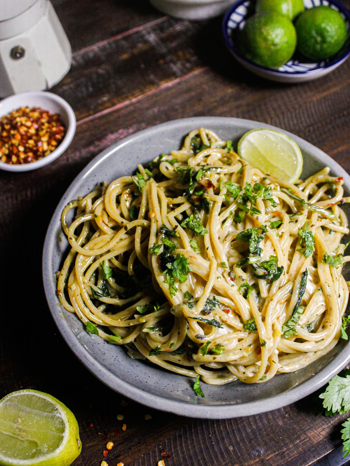 Top view image of Lemony Whole Wheat Spaghetti with Garlic and Spinach