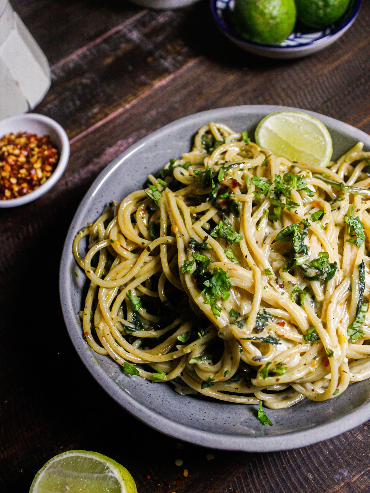 Spicy Lemony Whole Wheat Spaghetti with Garlic and Spinach