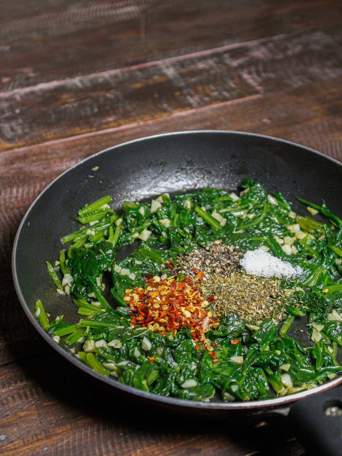 Add powdered spices to the pan and mix well