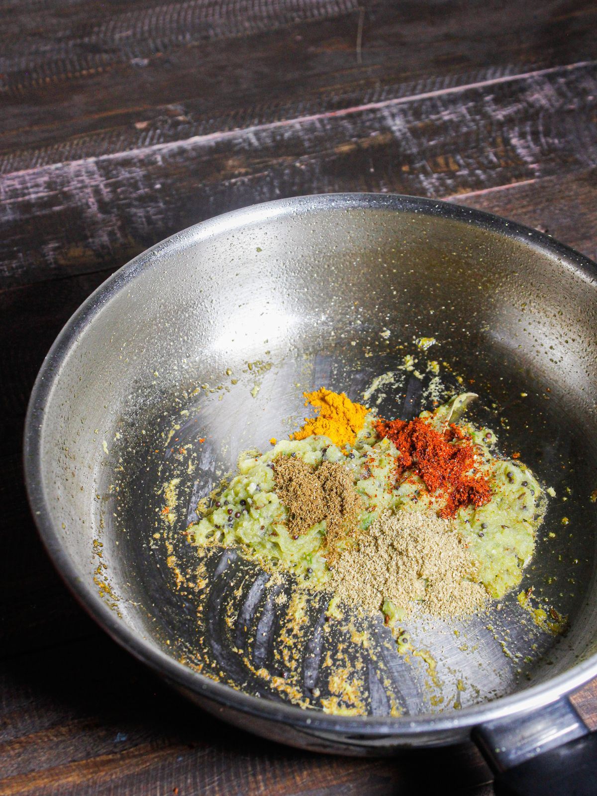 Add all the powdered spices to the pan and saute 