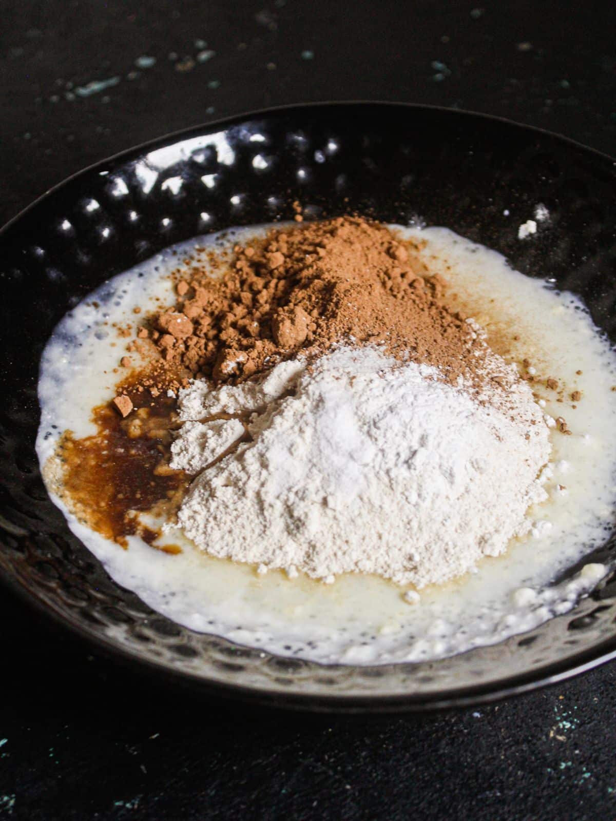 All all the ingredients of chocolate batter in a bowl and mix well 