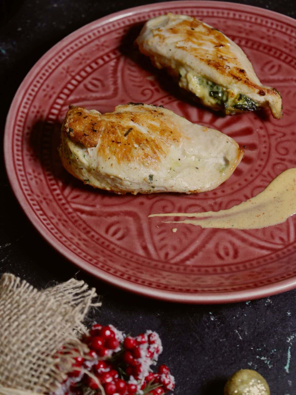 Top view image of air fried stuffed chicken breast