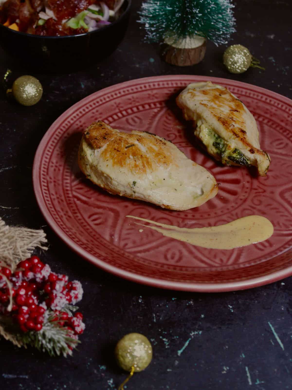 Enjoy Air Fried Stuffed Chicken Breast with Spinach and Feta Cheese with some dip 