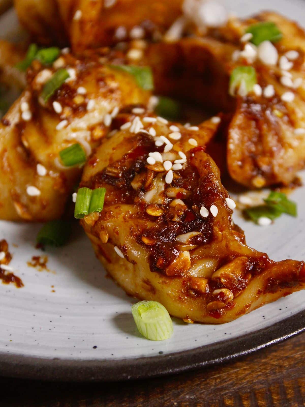 Super zoom in image of fried dumpling with spicy sauce