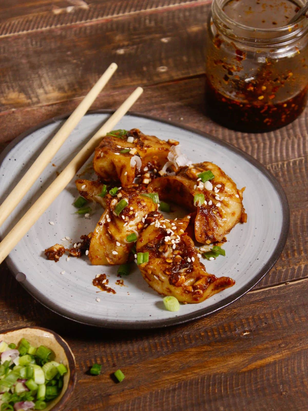 Spicy fried dumpling with spicy sauce