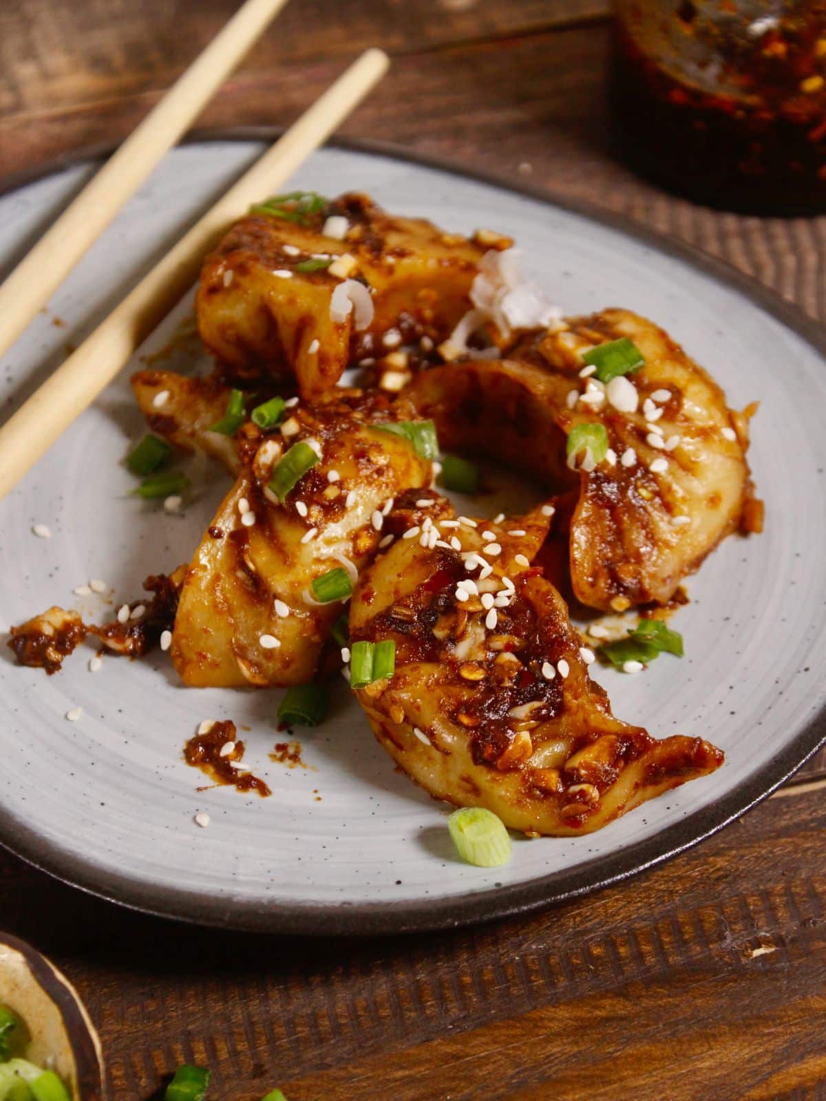 Zoom in image of fried dumpling with spicy sauce