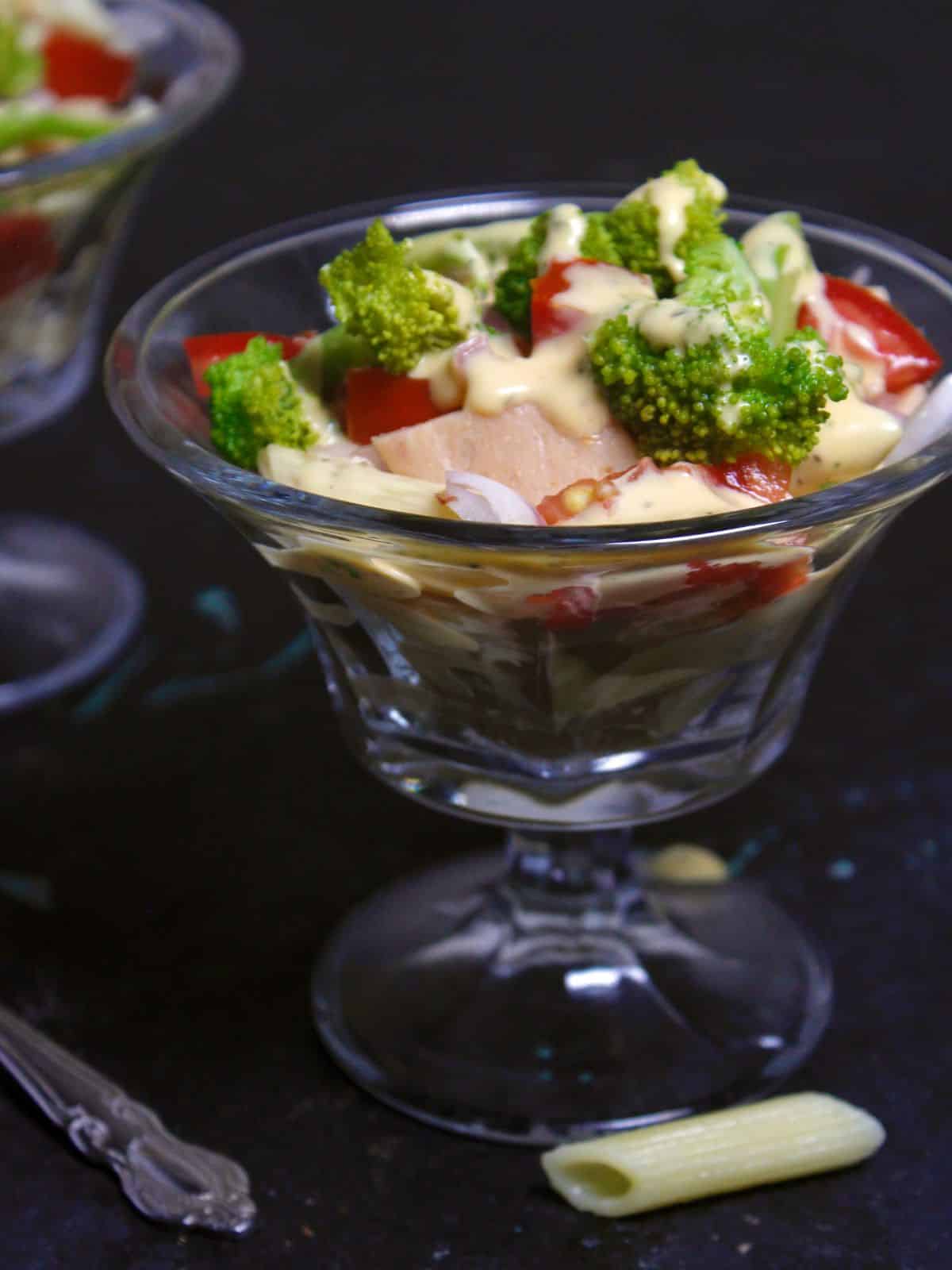 Side view of Layered Christmas Pasta Salad in Cups