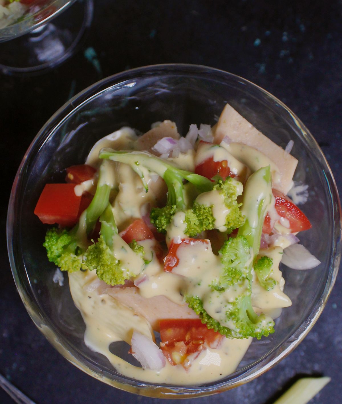 Top view zoom in image of Layered Christmas Pasta Salad in Cups