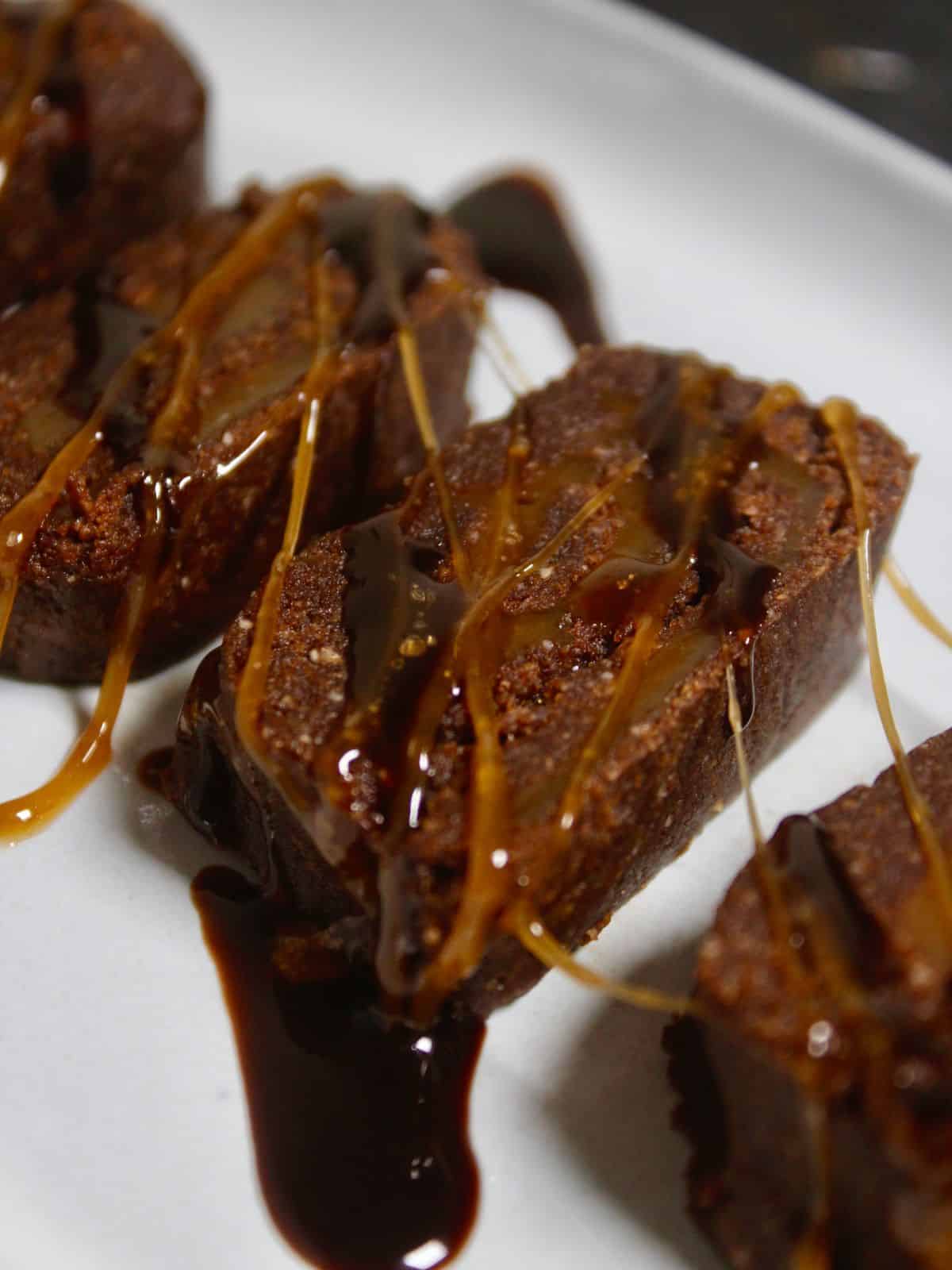Diagonal view of Peanut and Chocolate Bites with Caramel Filling