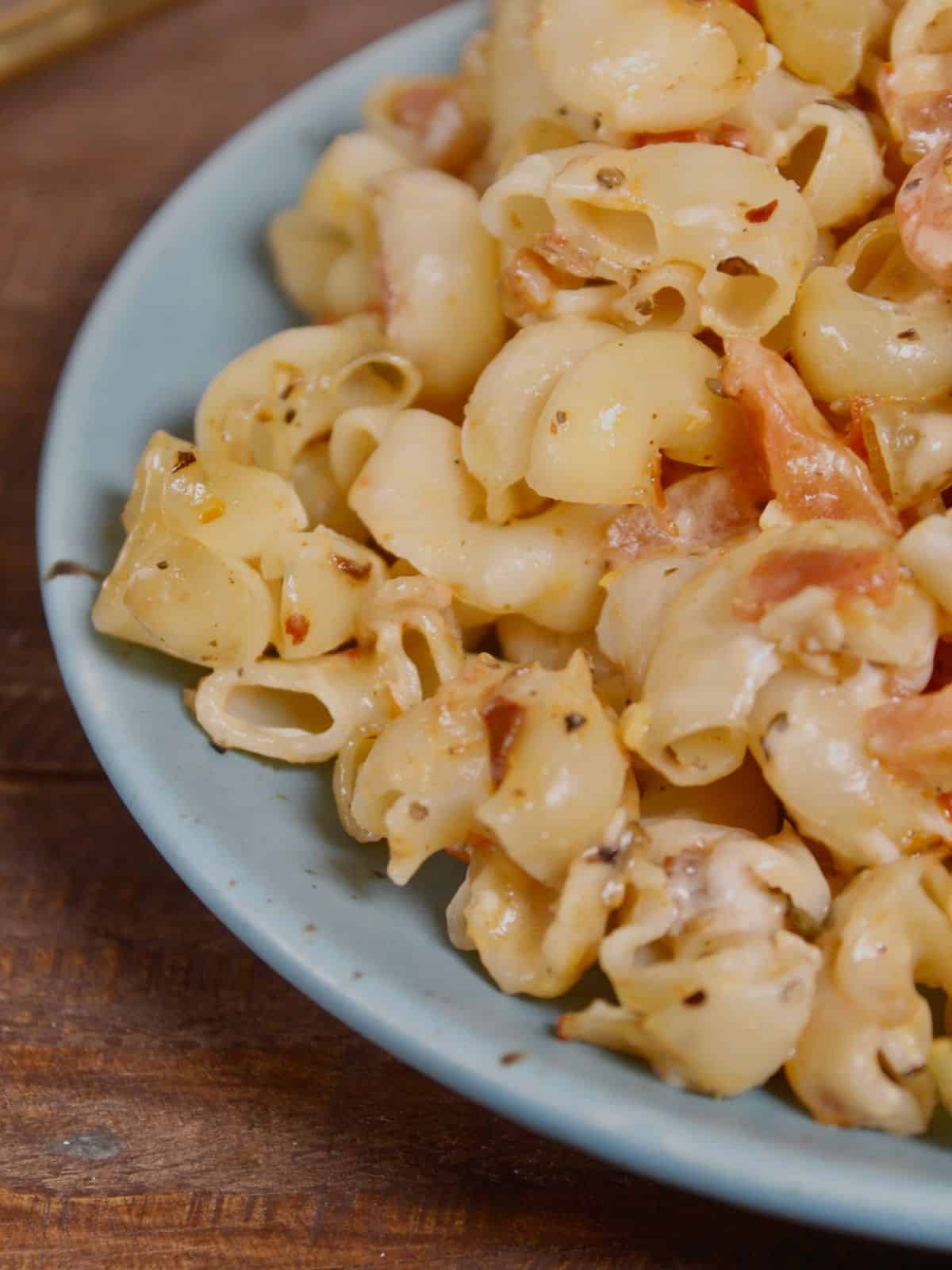 Side view image of baked pasta in a casserole