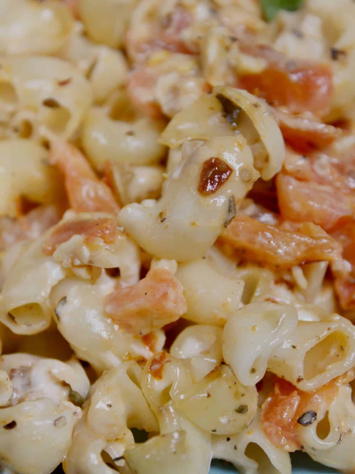 Super zoom in image of baked pasta in a casserole