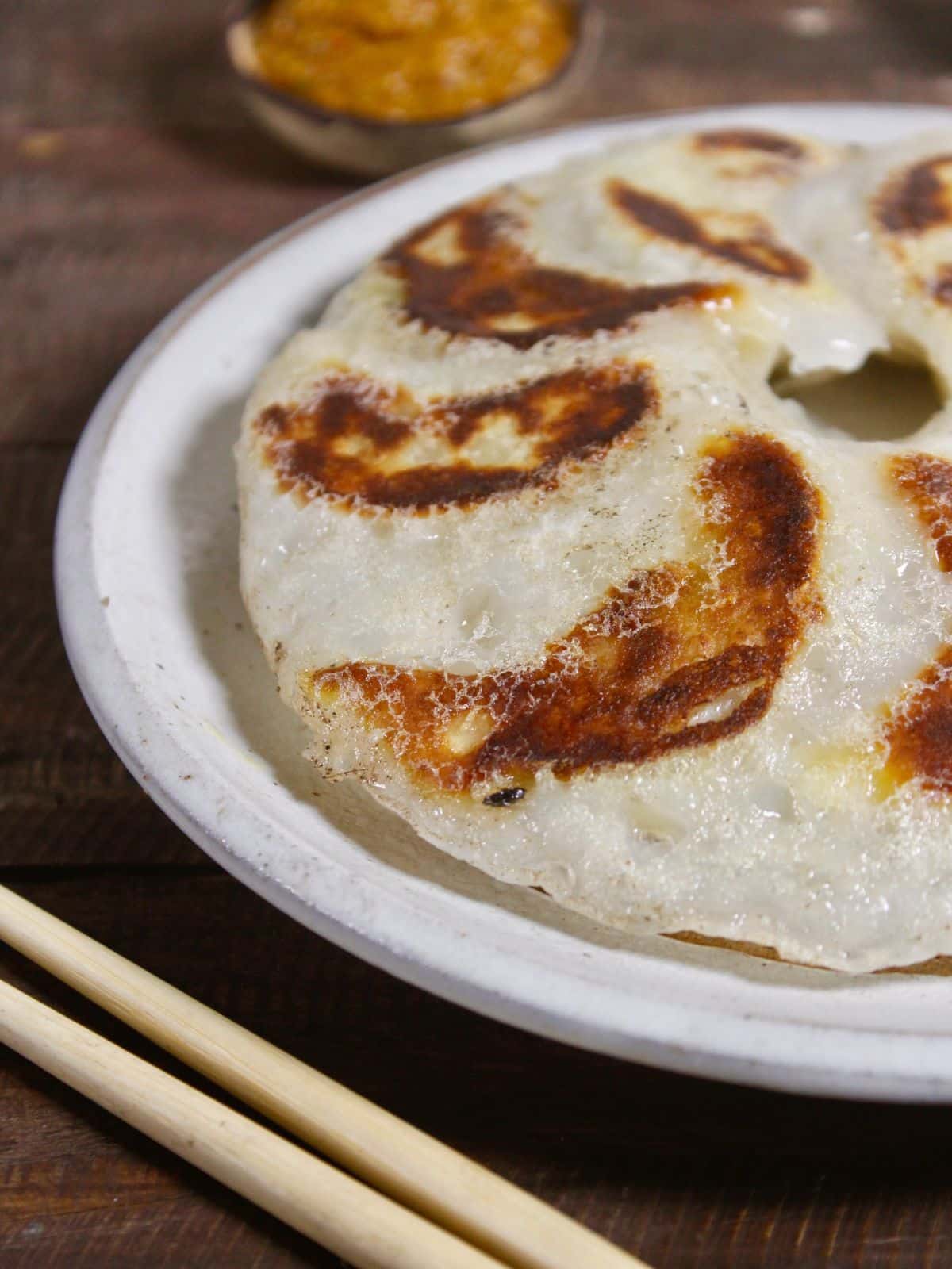 left side view of web bottomed dumplings