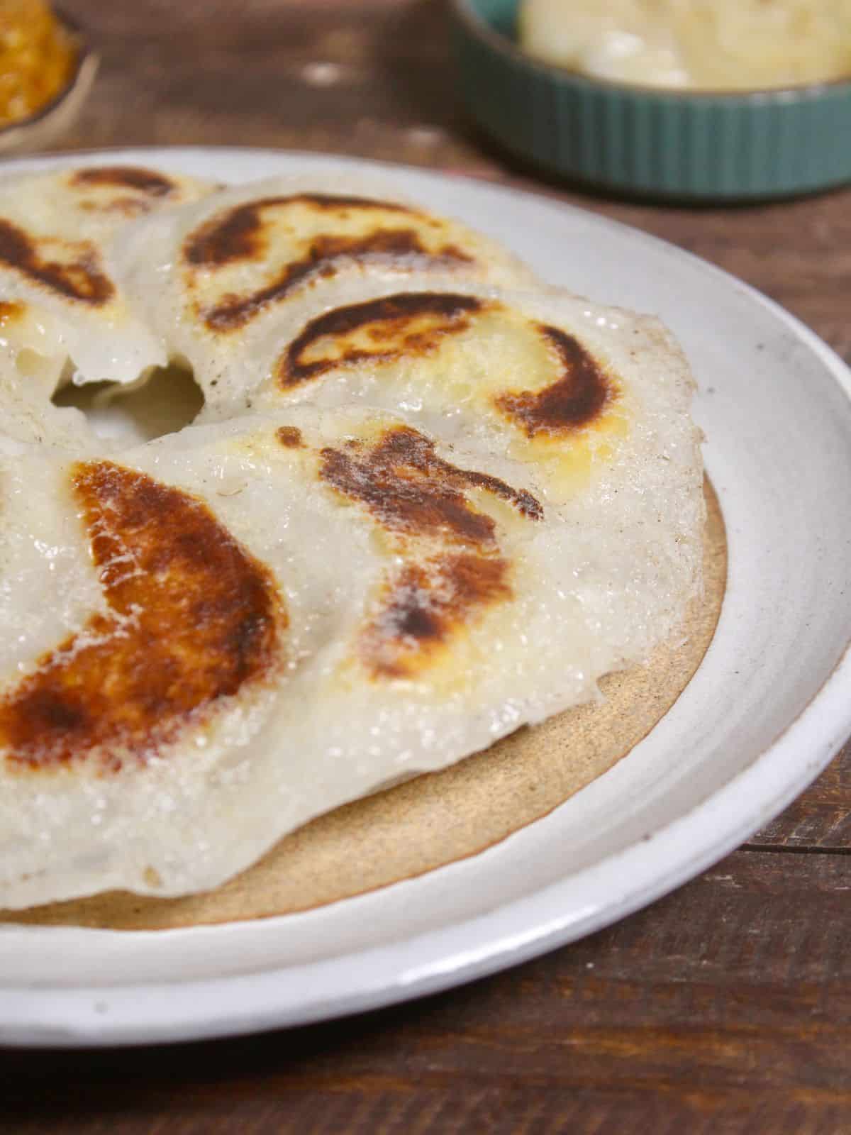 right side view of web bottomed dumplings