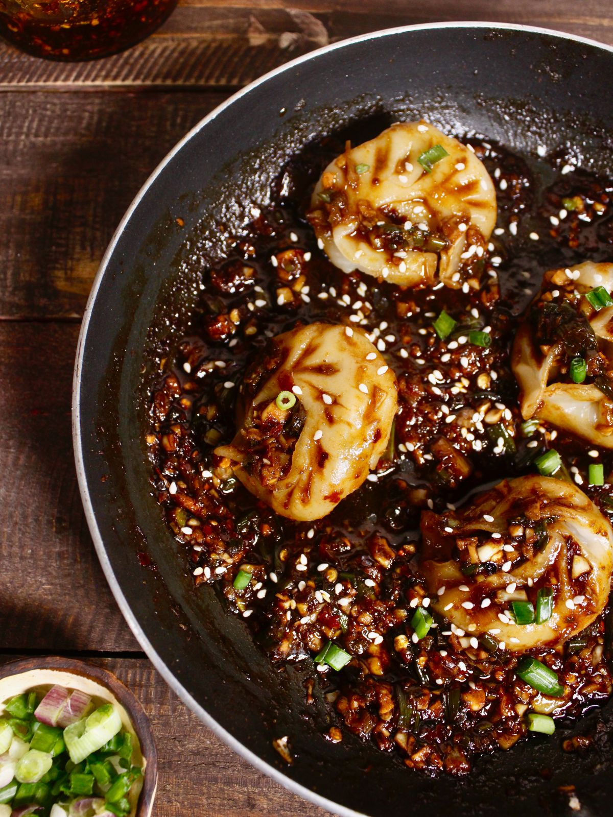 half view of dumplings with hot garlic sauce