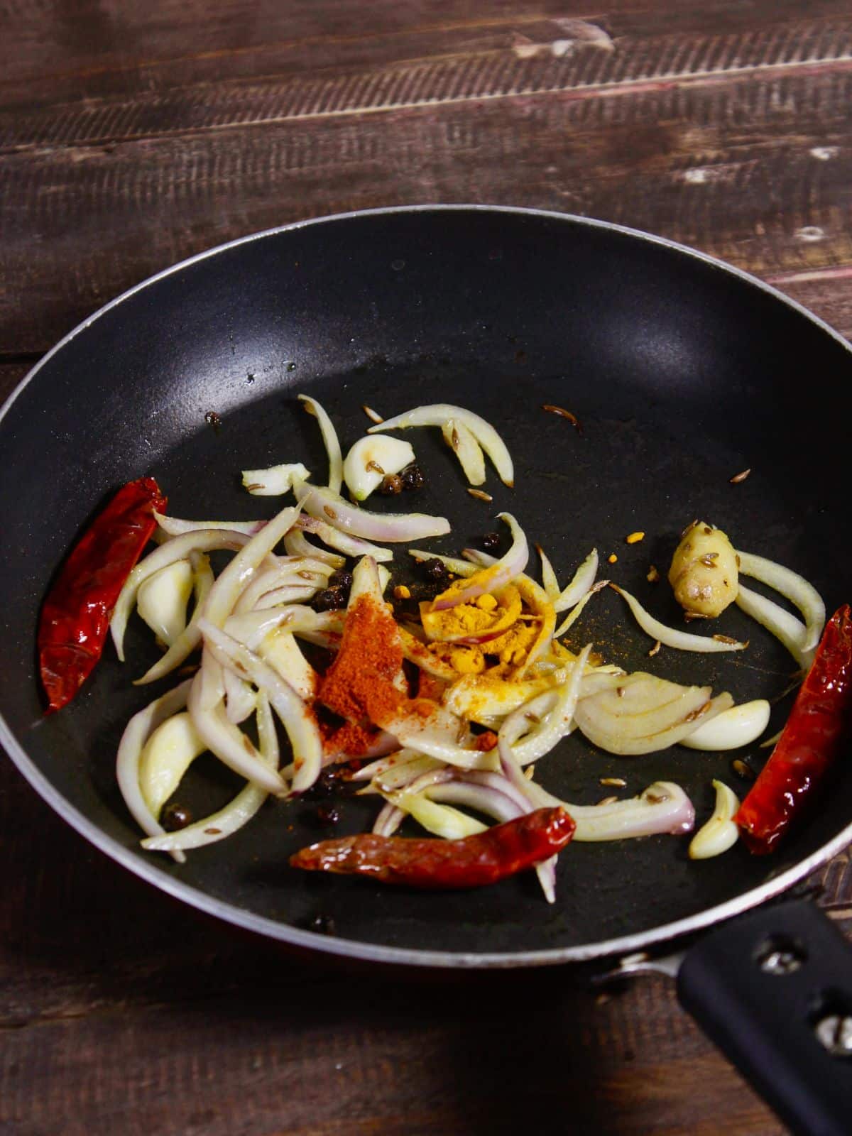 add powdered spices to the pan 