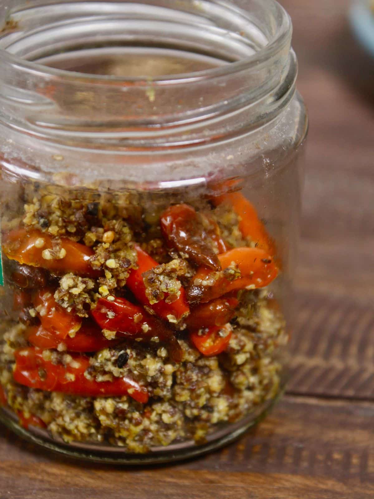 Long view of chili mustard instant pickle in a jar