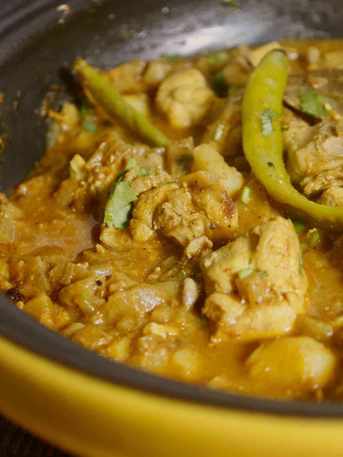 side view of banana stem chicken curry