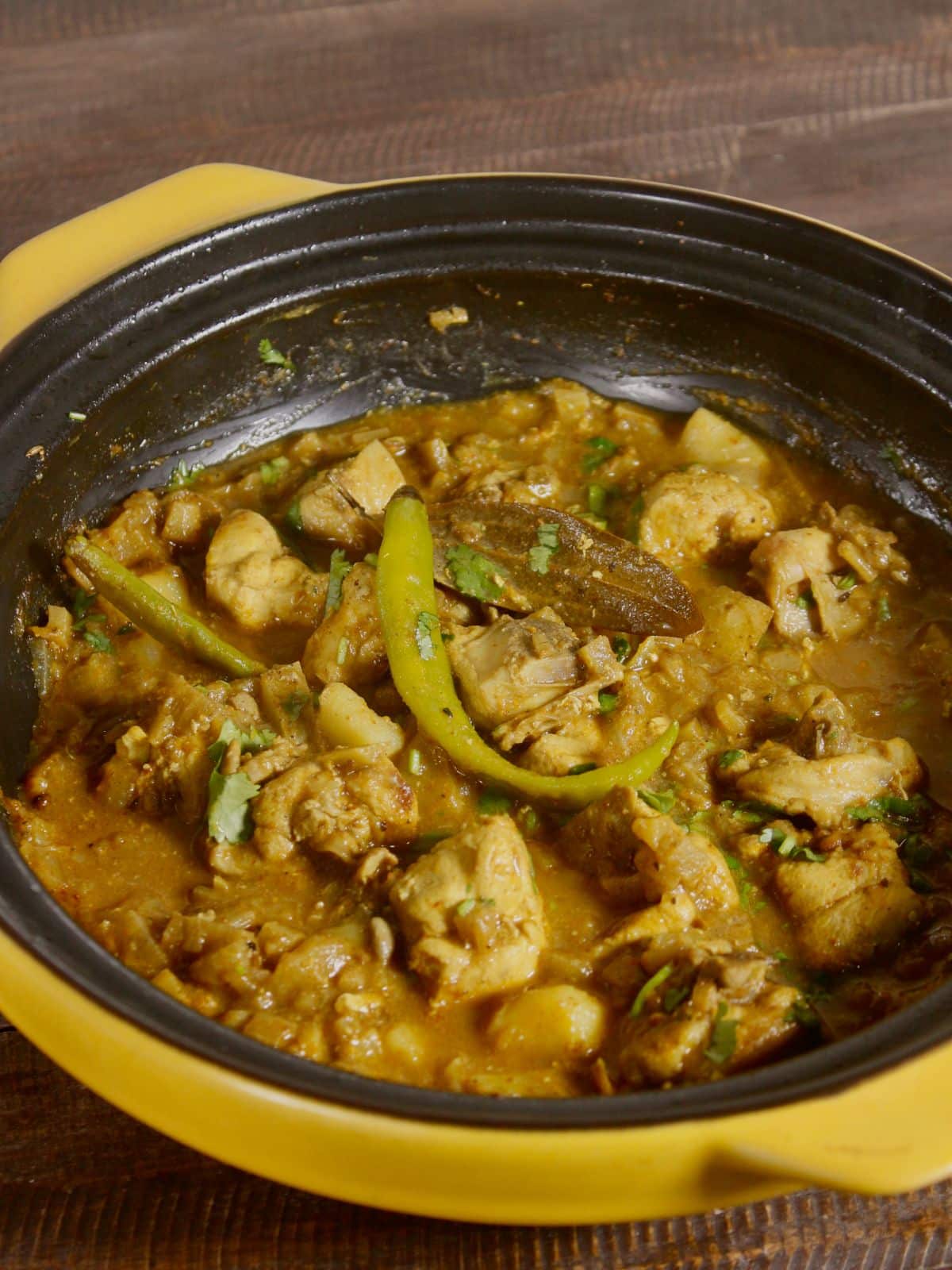 serve hot and spicy banana stem chicken curry with rice or roti and enjoy 