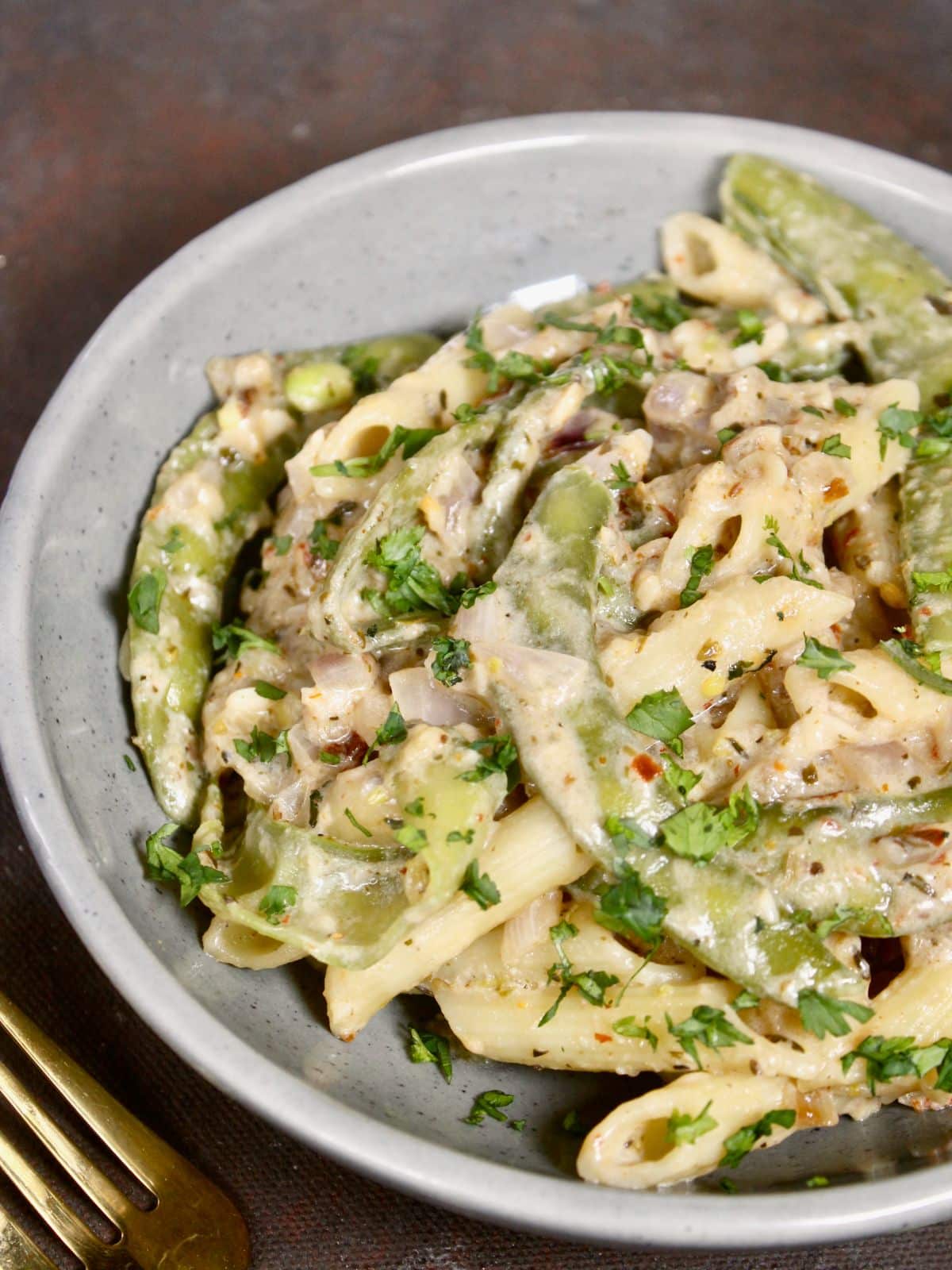 top side view of broad beans pasta