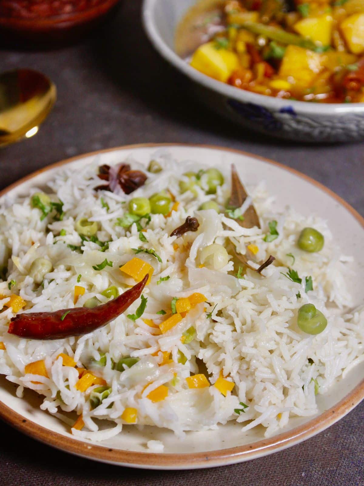 top side view of ghee vegetable pulao