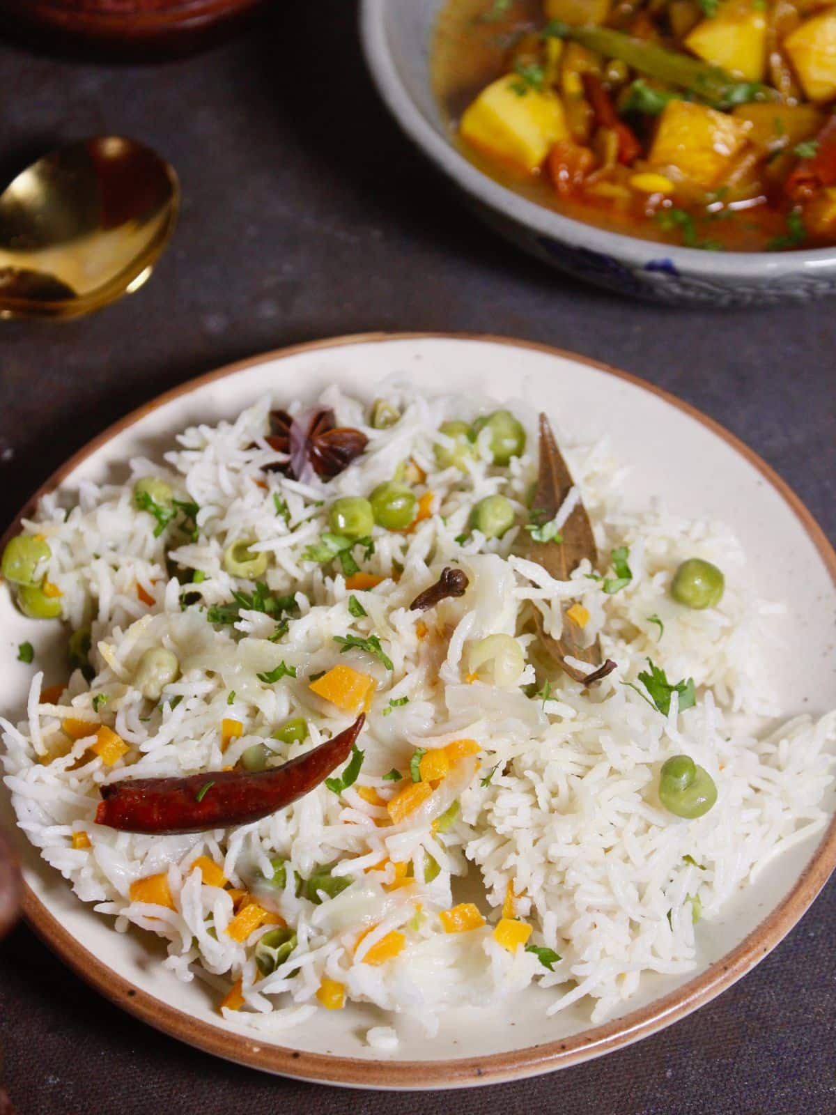 top view of ghee vegetable pulao