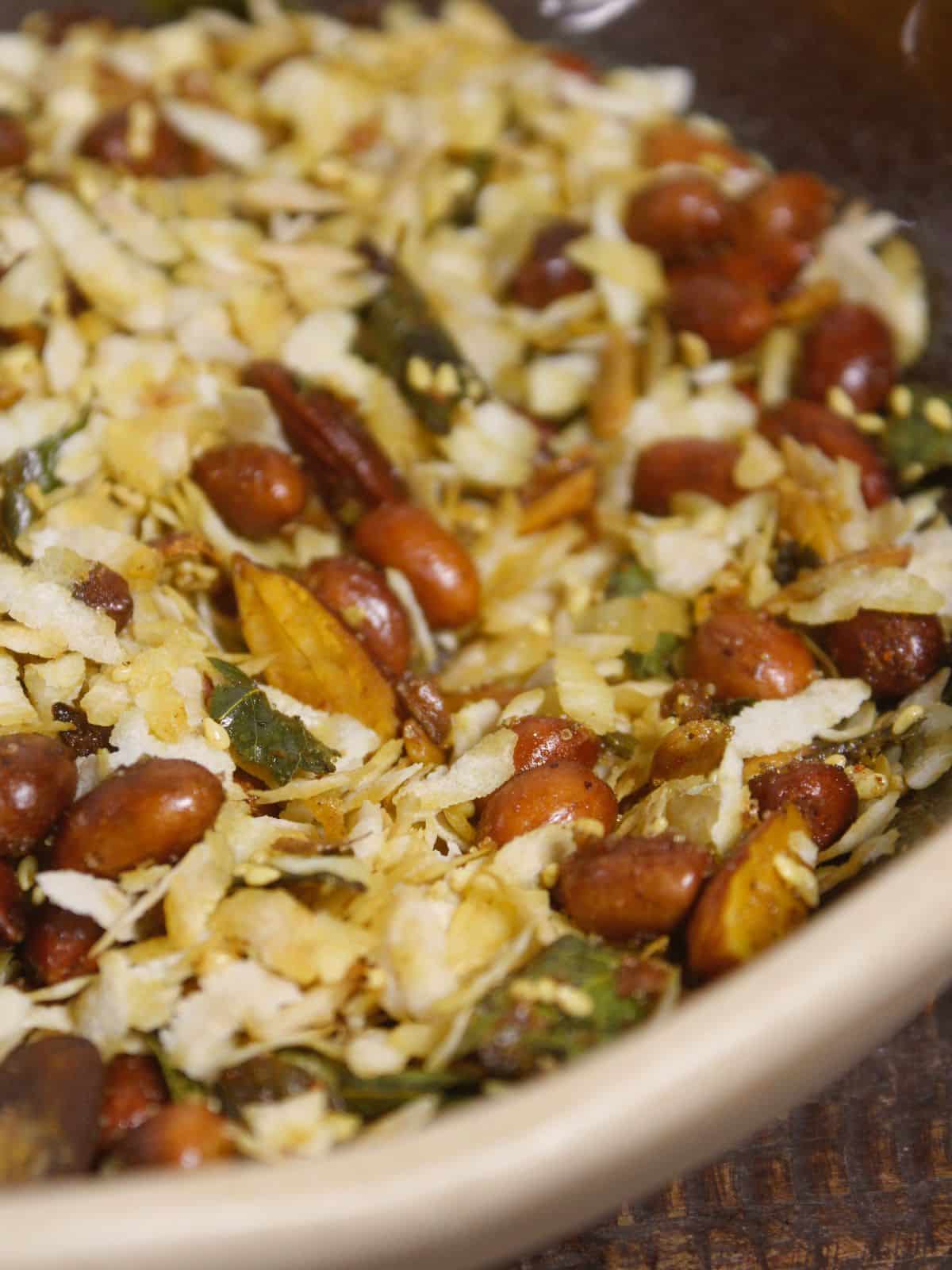 side view image of oven roasted poha chivda