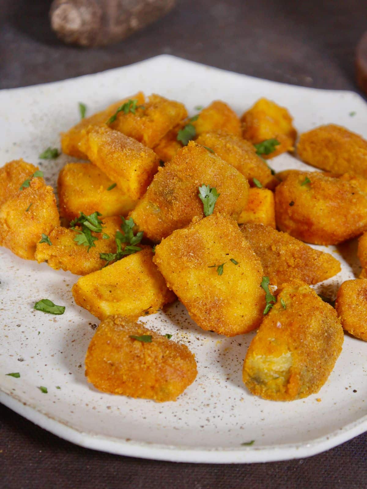 side view image of pan roasted crispy yam