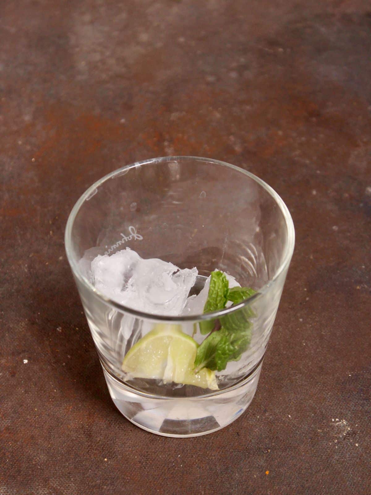take ice cubes with lemon and mint in a glass