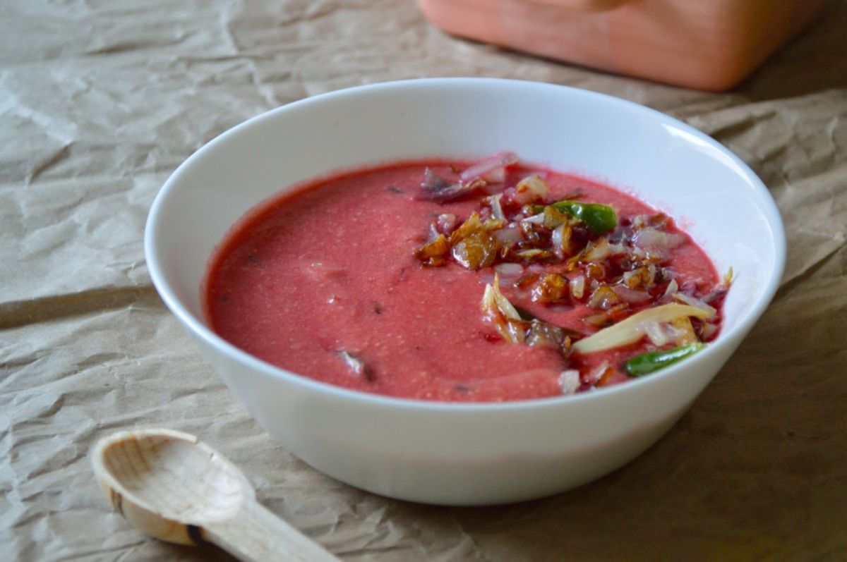 Beetroot Kadhi dish in a white bowl.