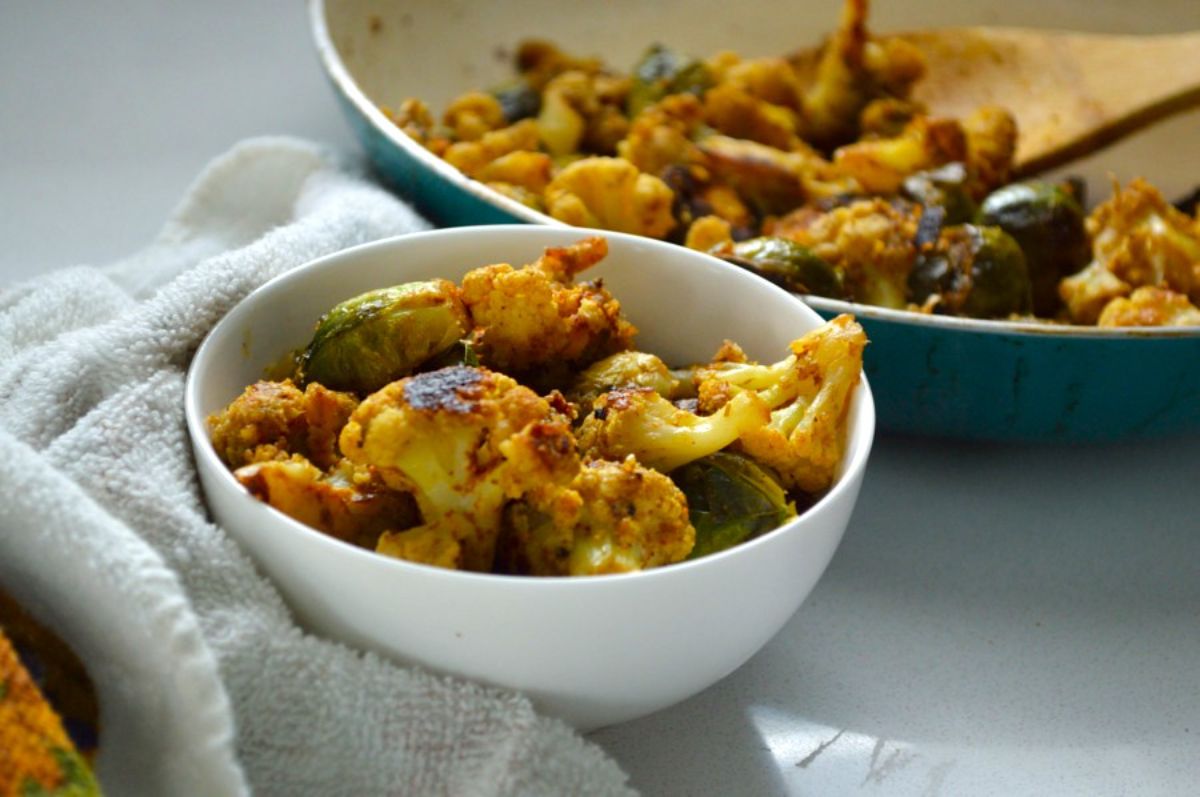 Brussels Sprouts Gobi Sabzi in a white bowl.