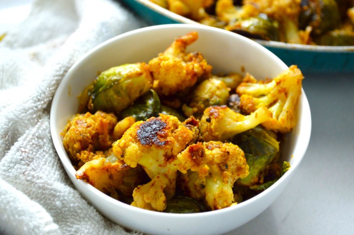 Brussels Sprouts Gobi Sabzi in a white bowl.