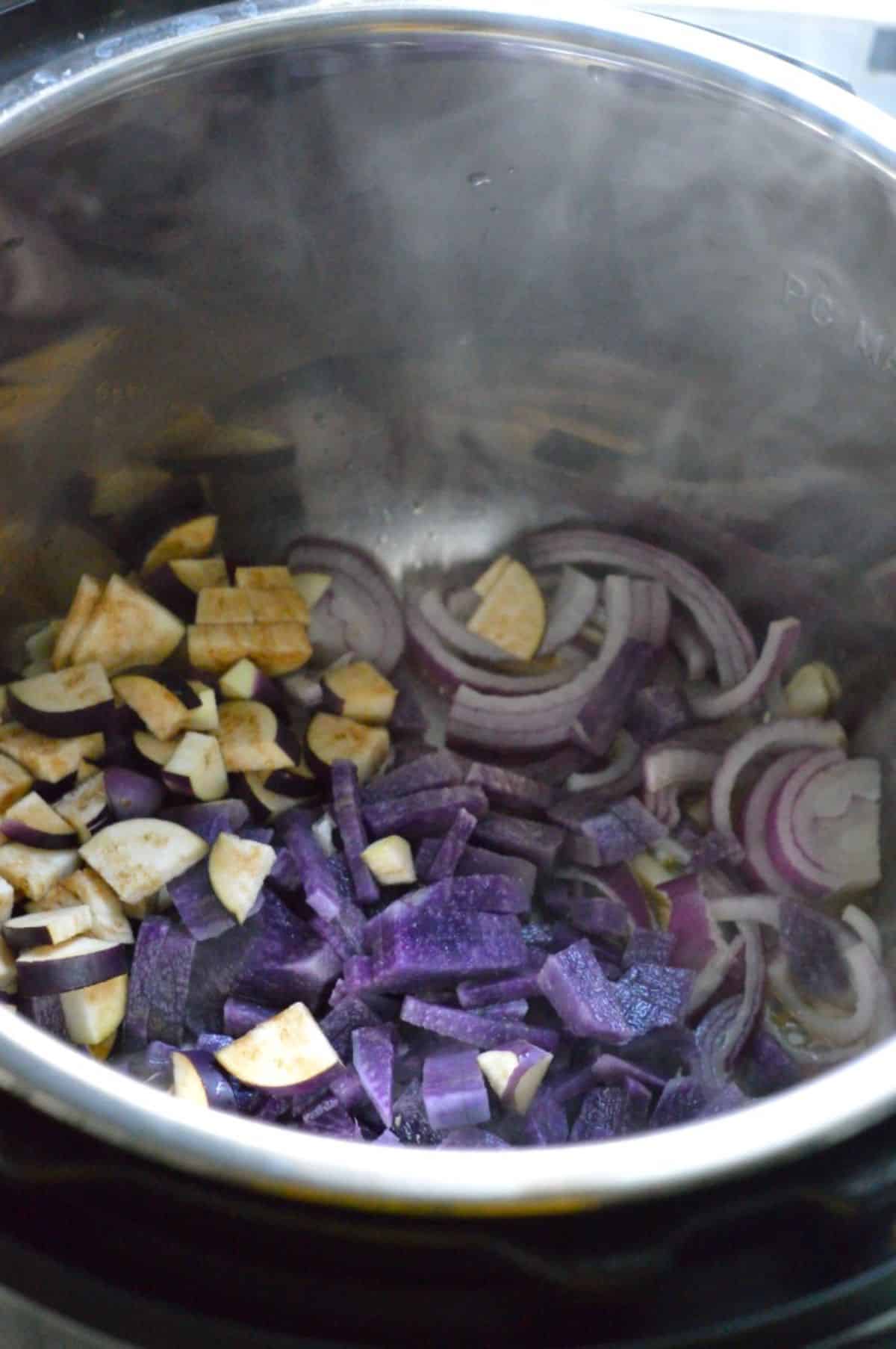 Chopped veggies in a pot.