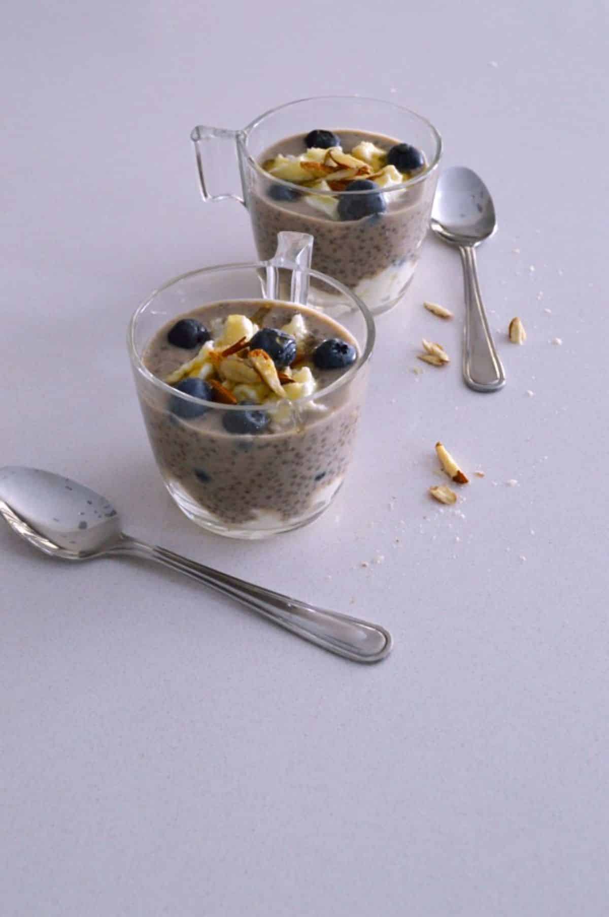 Coffee Chia Pudding in glass cups.