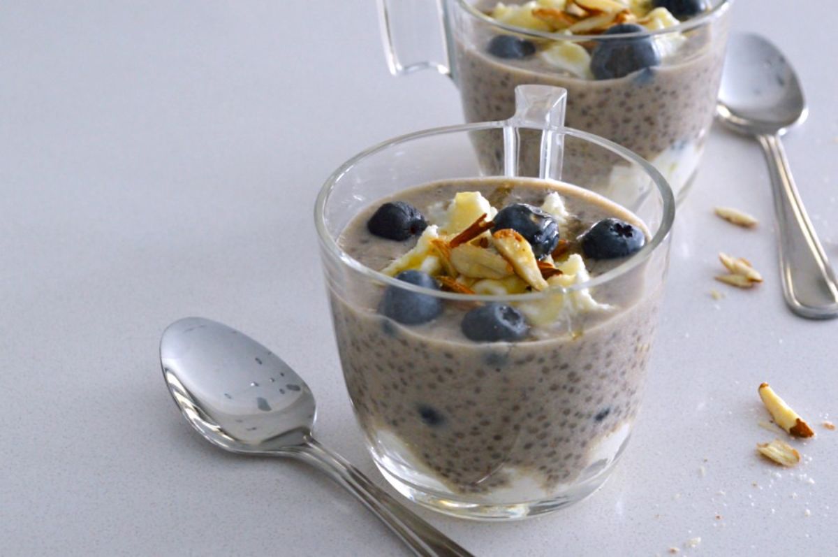 Coffee Chia Pudding in glass cups.