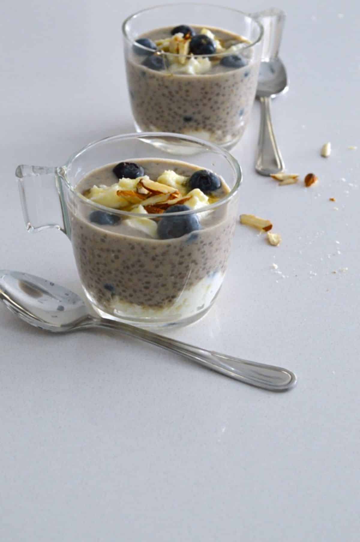 Coffee Chia Pudding in glass cups.
