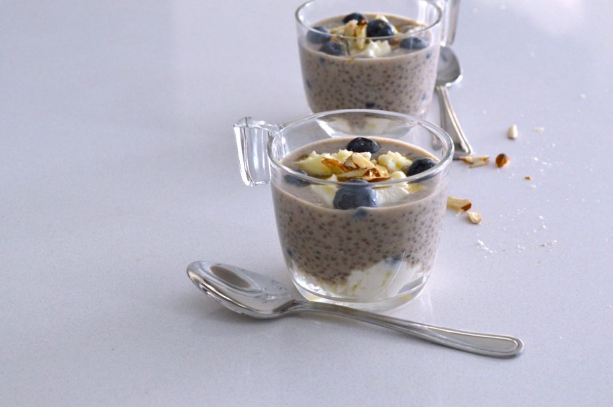 Coffee Chia Pudding in glass cups.