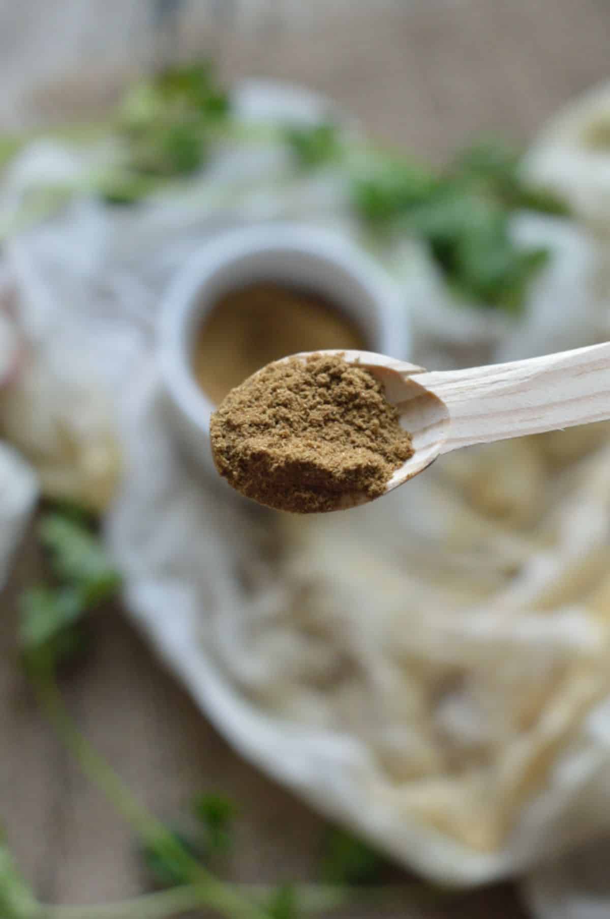 Cumin Powder on a wooden spoon.