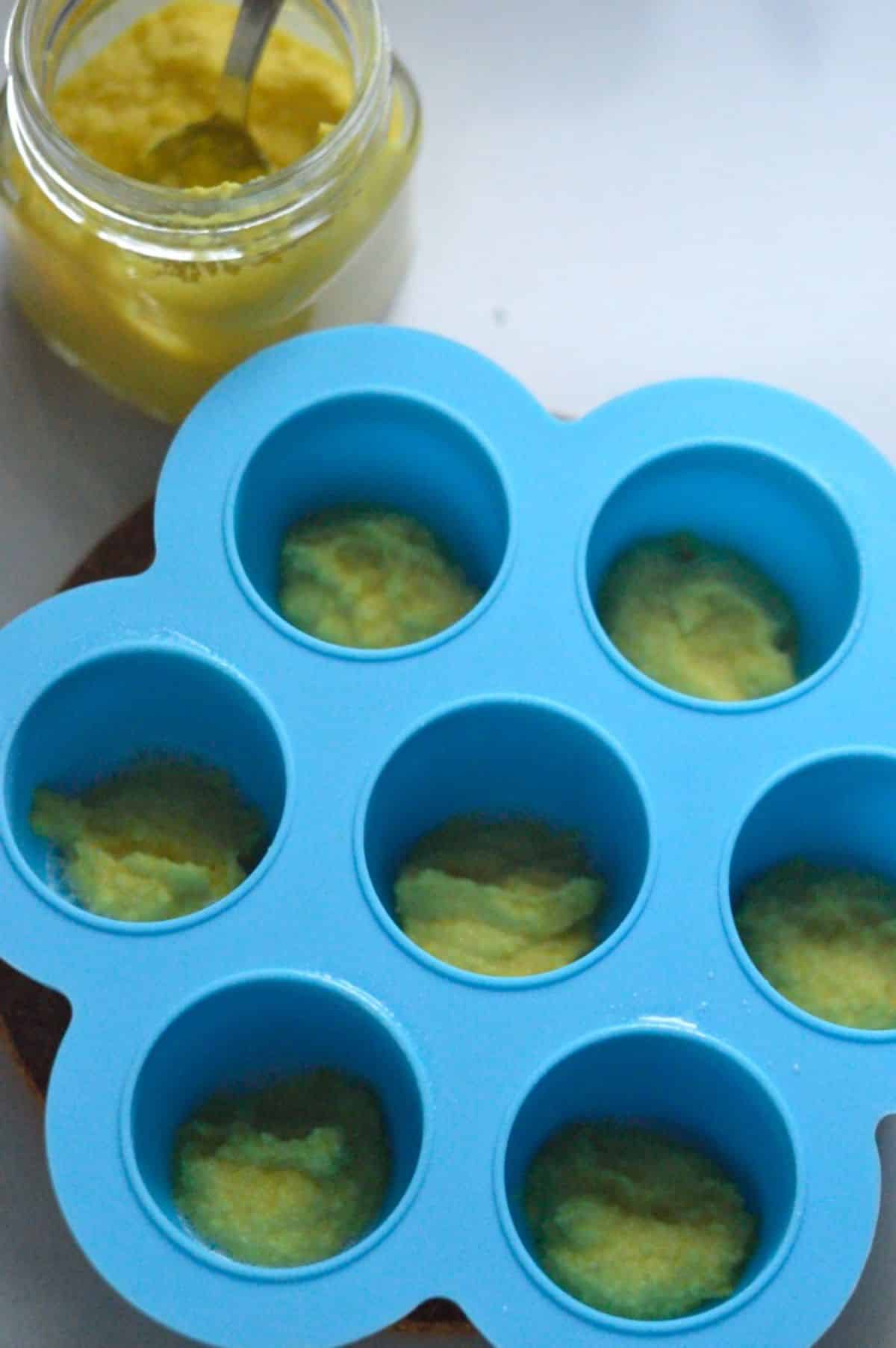 Ginger garlic paste in an ice cube tray.