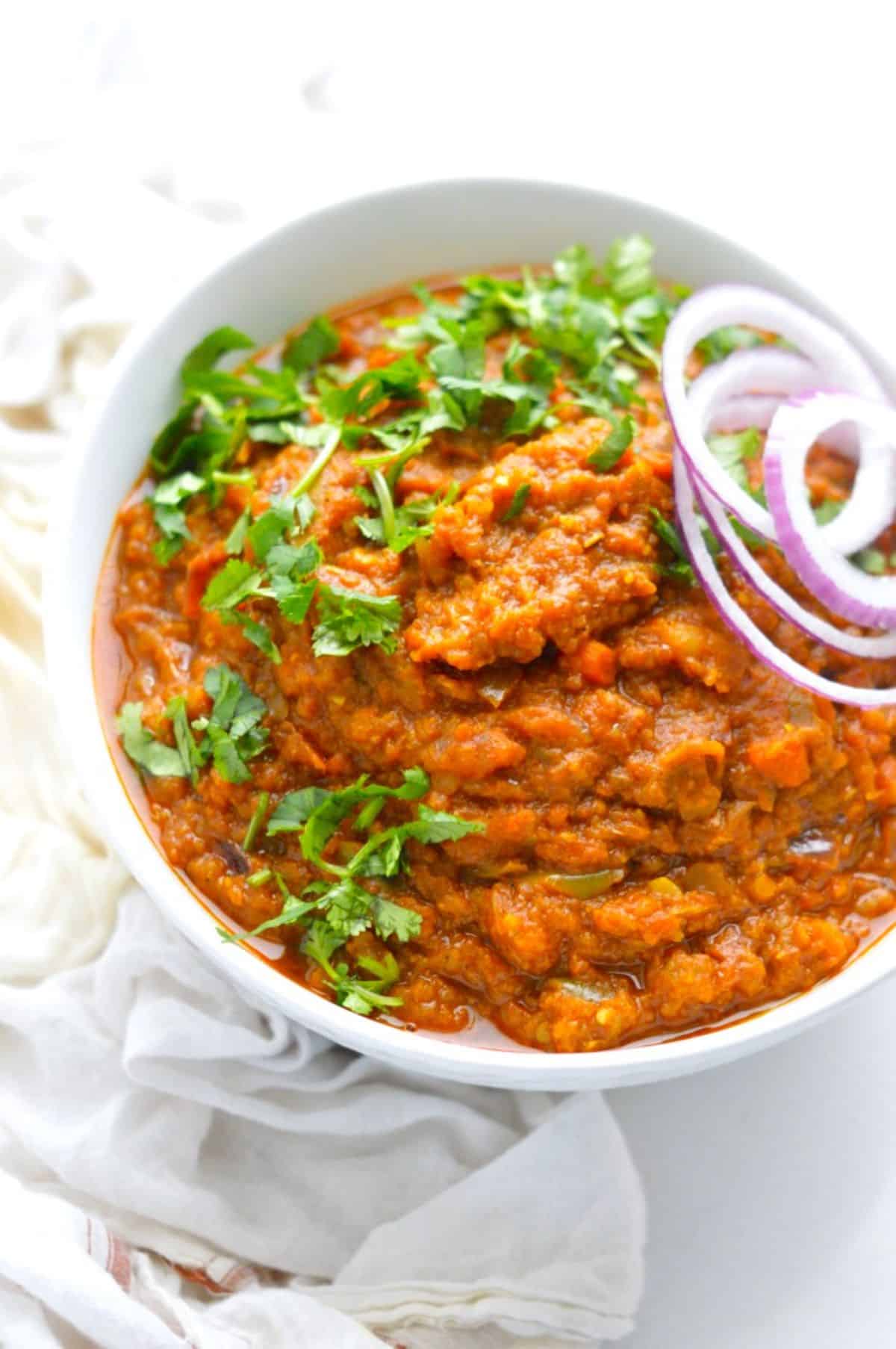 Keto Cauliflower Pav Bhaji in a white bowl