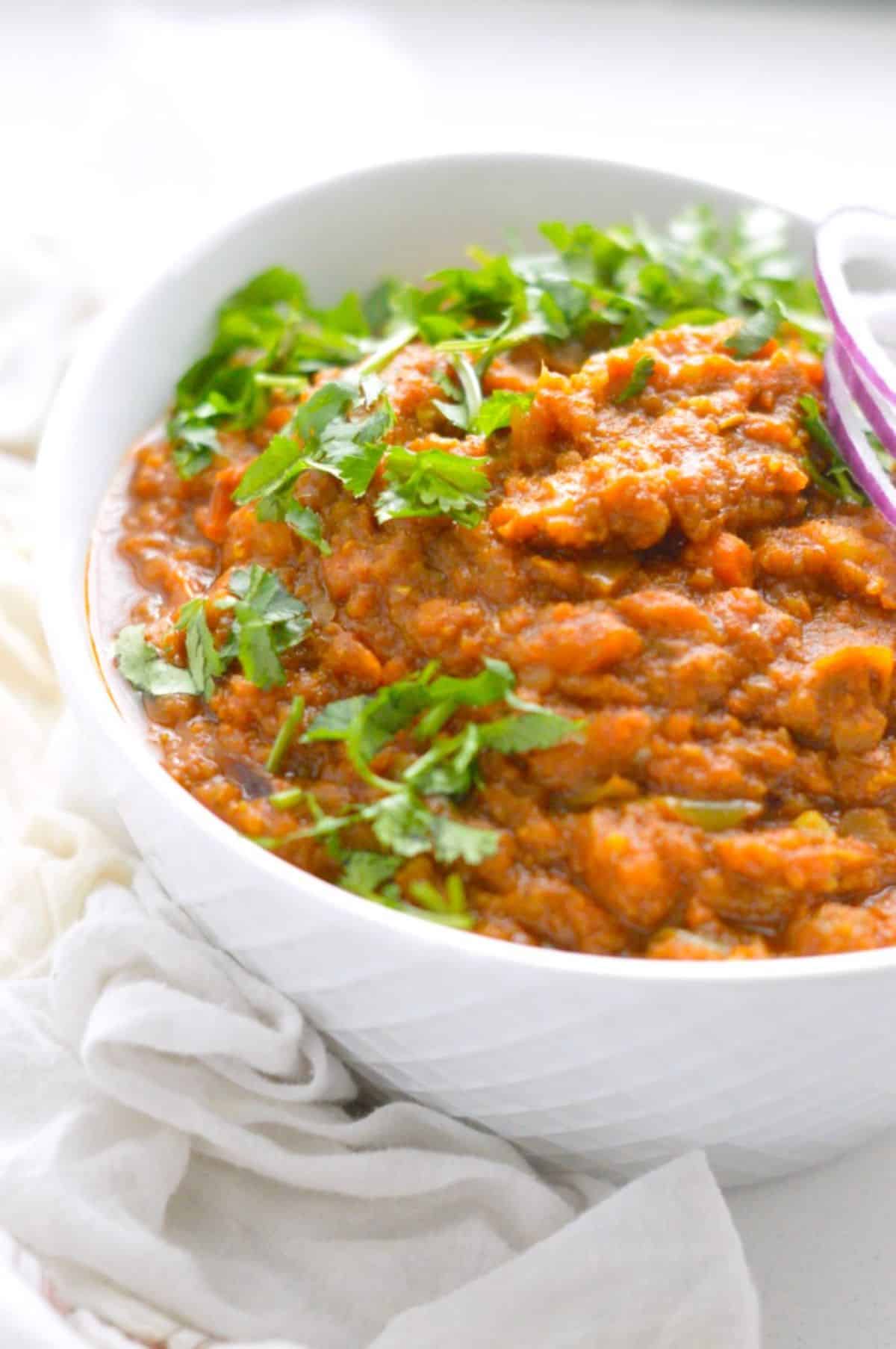 Keto Cauliflower Pav Bhaji in a white bowl