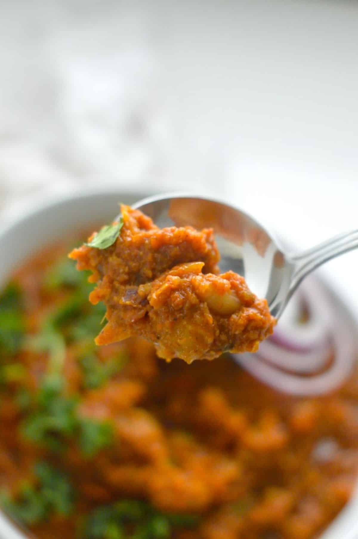 Keto Cauliflower Pav Bhaji on a spoon.