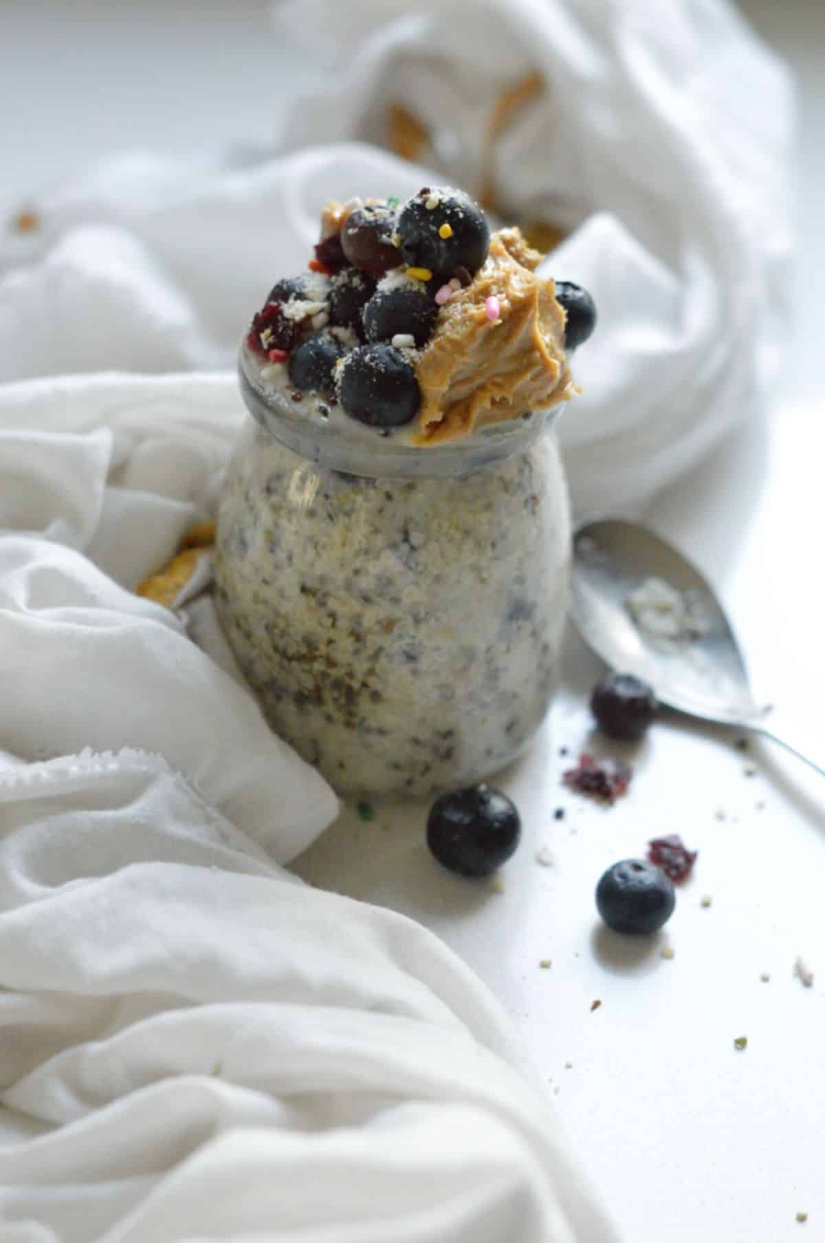 Keto Overnight Oats in a glass jar.